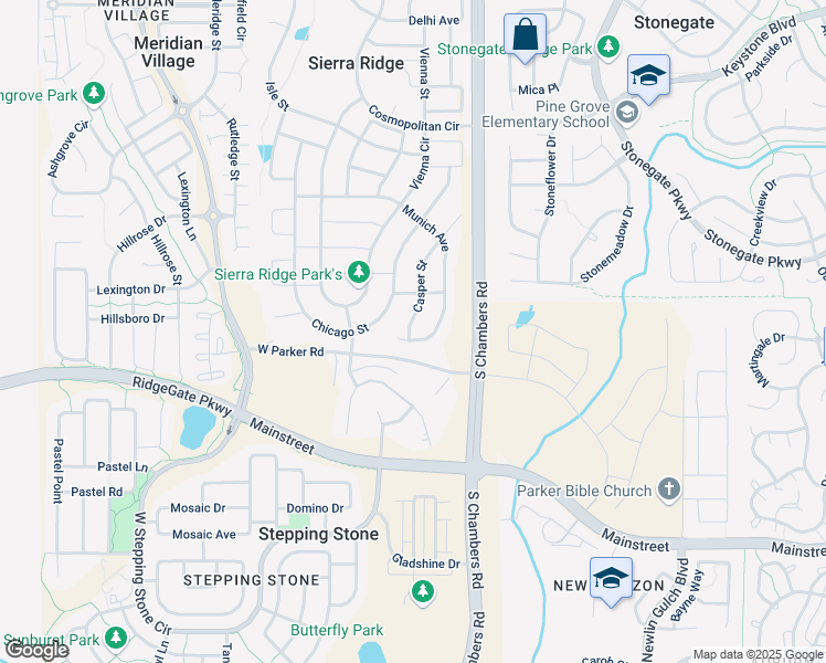 map of restaurants, bars, coffee shops, grocery stores, and more near 15119 Munich Avenue in Parker