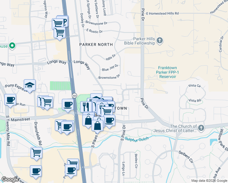 map of restaurants, bars, coffee shops, grocery stores, and more near 19724 Applewood Court in Parker