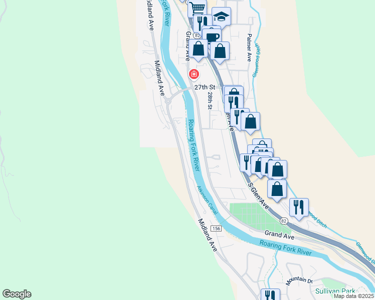 map of restaurants, bars, coffee shops, grocery stores, and more near 3104 Hager Lane in Glenwood Springs