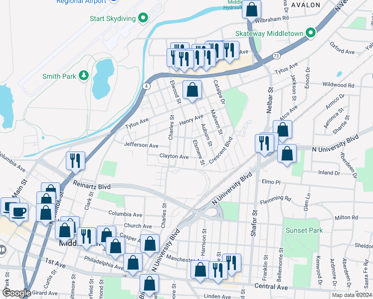 map of restaurants, bars, coffee shops, grocery stores, and more near 709 Elwood Street in Middletown