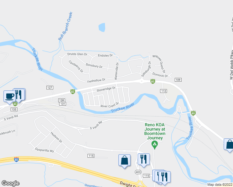 map of restaurants, bars, coffee shops, grocery stores, and more near 145 Summerset Drive in Verdi
