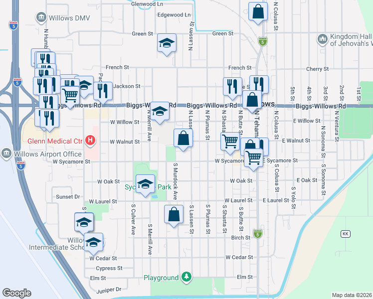 map of restaurants, bars, coffee shops, grocery stores, and more near 201 North Lassen Street in Willows