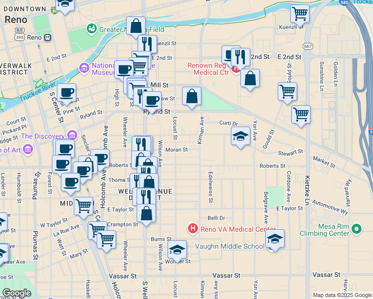 map of restaurants, bars, coffee shops, grocery stores, and more near 802 Stewart Street in Reno