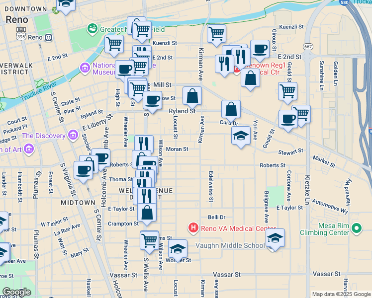 map of restaurants, bars, coffee shops, grocery stores, and more near 802 Stewart Street in Reno