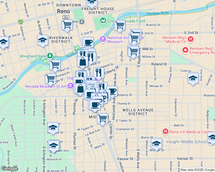 map of restaurants, bars, coffee shops, grocery stores, and more near 450 Sinclair Street in Reno