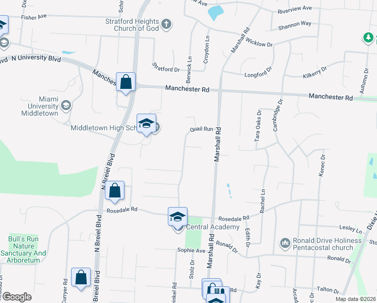 map of restaurants, bars, coffee shops, grocery stores, and more near 4601 Roxbury Court in Middletown