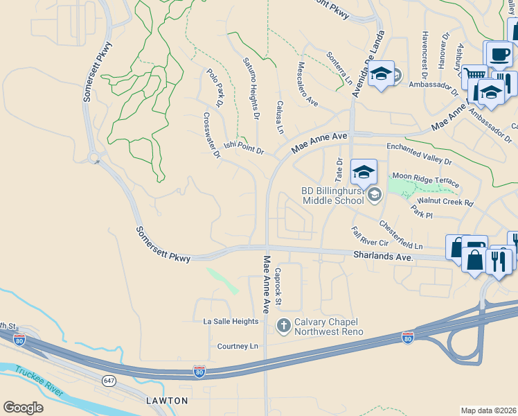 map of restaurants, bars, coffee shops, grocery stores, and more near 1100 Crosswater Drive in Reno