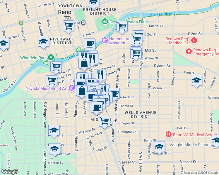 map of restaurants, bars, coffee shops, grocery stores, and more near 450 Sinclair Street in Reno