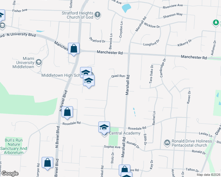 map of restaurants, bars, coffee shops, grocery stores, and more near 4601 Roxbury Court in Middletown