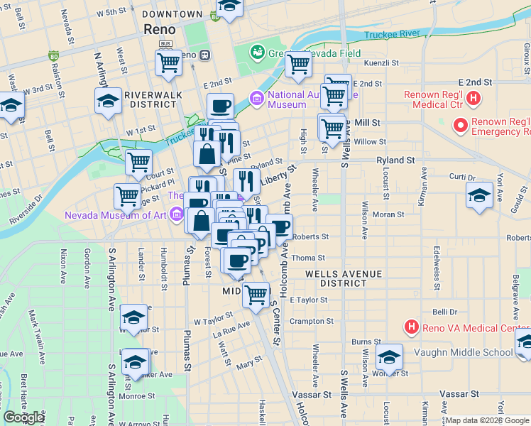 map of restaurants, bars, coffee shops, grocery stores, and more near 450 Sinclair Street in Reno
