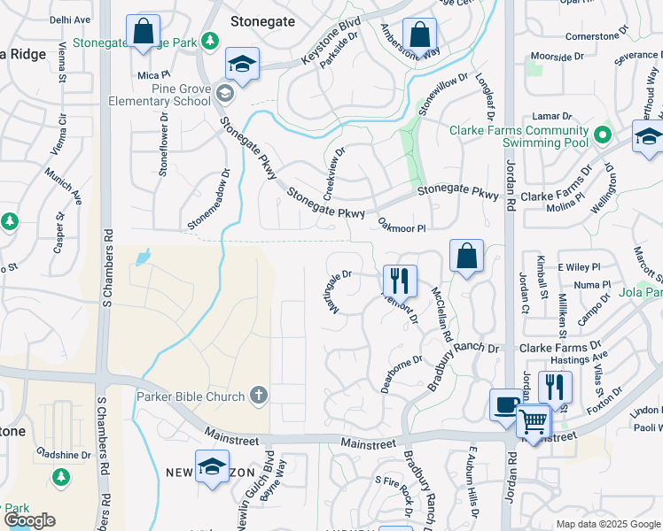 map of restaurants, bars, coffee shops, grocery stores, and more near 10774 Appaloosa Court in Parker