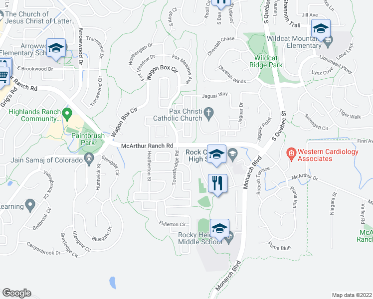map of restaurants, bars, coffee shops, grocery stores, and more near 10764 Towerbridge Circle in Littleton