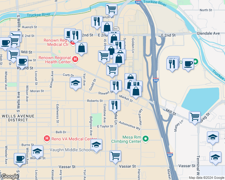 map of restaurants, bars, coffee shops, grocery stores, and more near 1710 Mill Street in Reno