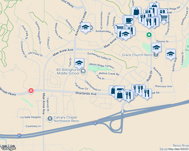 map of restaurants, bars, coffee shops, grocery stores, and more near 6420 Park Place in Reno