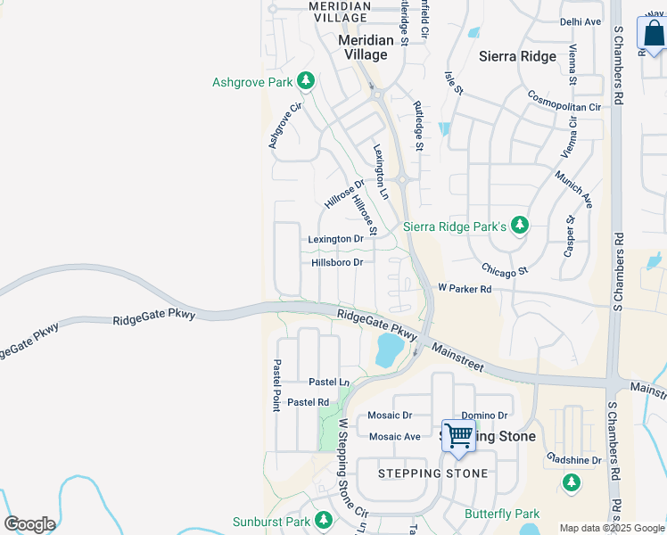 map of restaurants, bars, coffee shops, grocery stores, and more near Hillsboro Drive in Parker