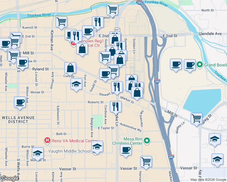 map of restaurants, bars, coffee shops, grocery stores, and more near 1710 Mill Street in Reno