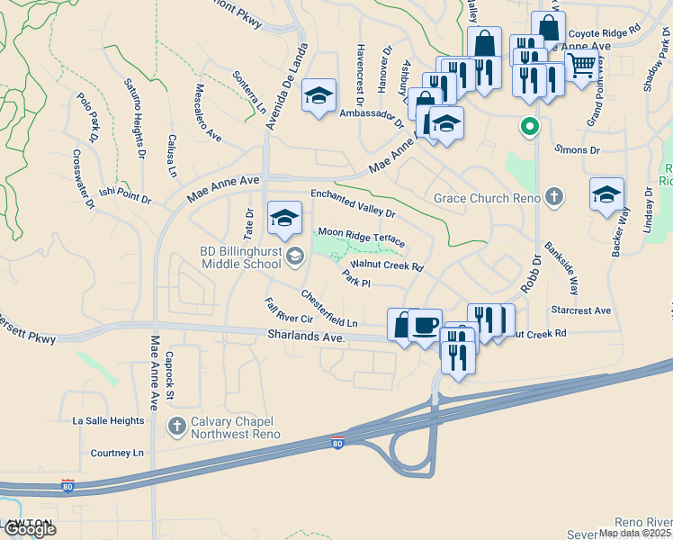 map of restaurants, bars, coffee shops, grocery stores, and more near 6420 Park Place in Reno