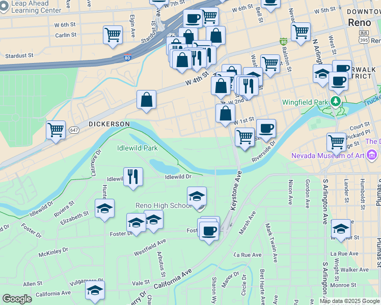 map of restaurants, bars, coffee shops, grocery stores, and more near 1200 Riverside Drive in Reno