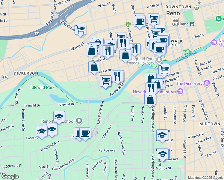 map of restaurants, bars, coffee shops, grocery stores, and more near 36 Vine Street in Reno
