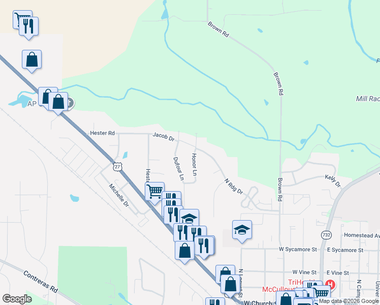 map of restaurants, bars, coffee shops, grocery stores, and more near 591 Honor Lane in Oxford