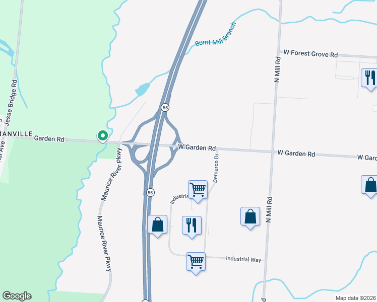 map of restaurants, bars, coffee shops, grocery stores, and more near 2266 West Garden Road in Vineland