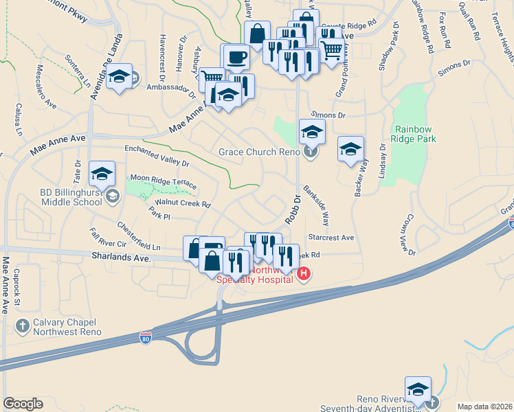 map of restaurants, bars, coffee shops, grocery stores, and more near 6130 Diplomat Drive in Reno