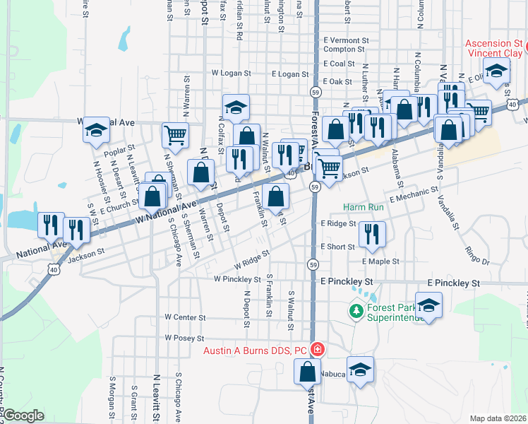 map of restaurants, bars, coffee shops, grocery stores, and more near 100-120 W Jackson St in Brazil