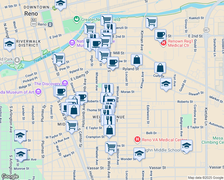 map of restaurants, bars, coffee shops, grocery stores, and more near 590 Stewart Street in Reno