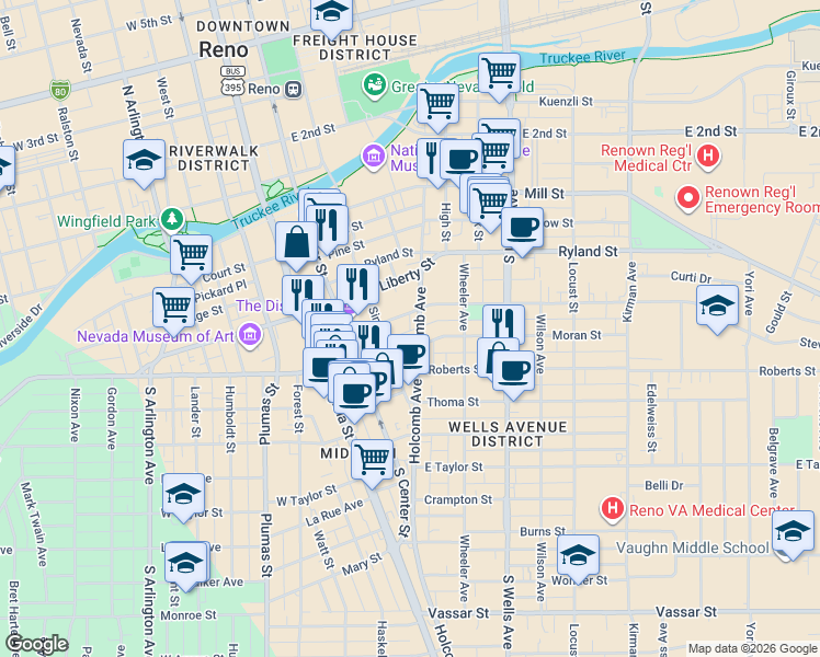 map of restaurants, bars, coffee shops, grocery stores, and more near 312 Stewart Street in Reno