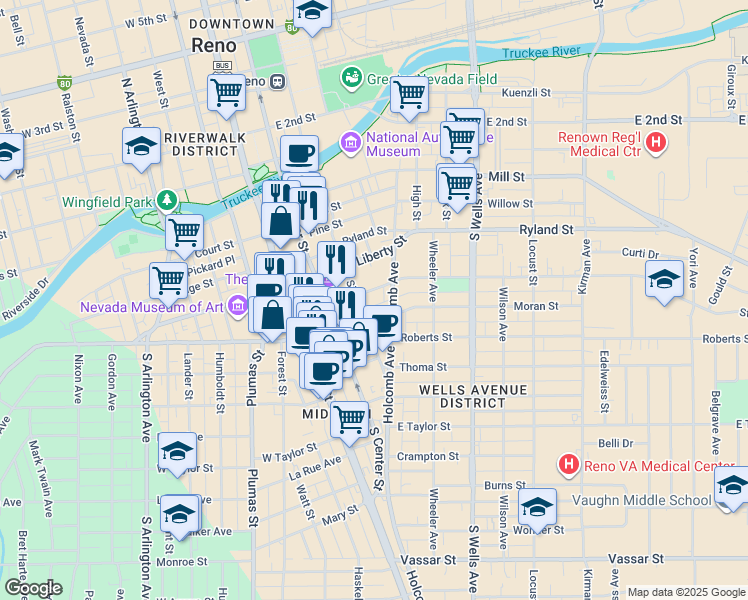 map of restaurants, bars, coffee shops, grocery stores, and more near 450 Sinclair Street in Reno