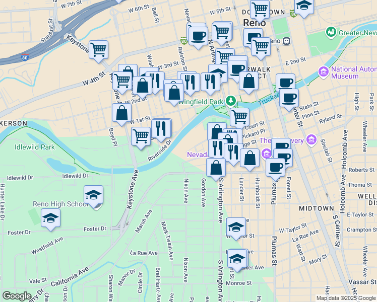 map of restaurants, bars, coffee shops, grocery stores, and more near 1 Elm Court in Reno