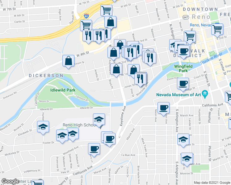 map of restaurants, bars, coffee shops, grocery stores, and more near 1037 Jones Street in Reno