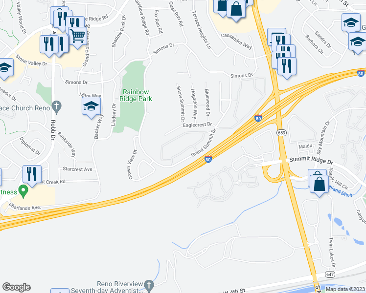 map of restaurants, bars, coffee shops, grocery stores, and more near 1295 Grand Summit Drive in Reno
