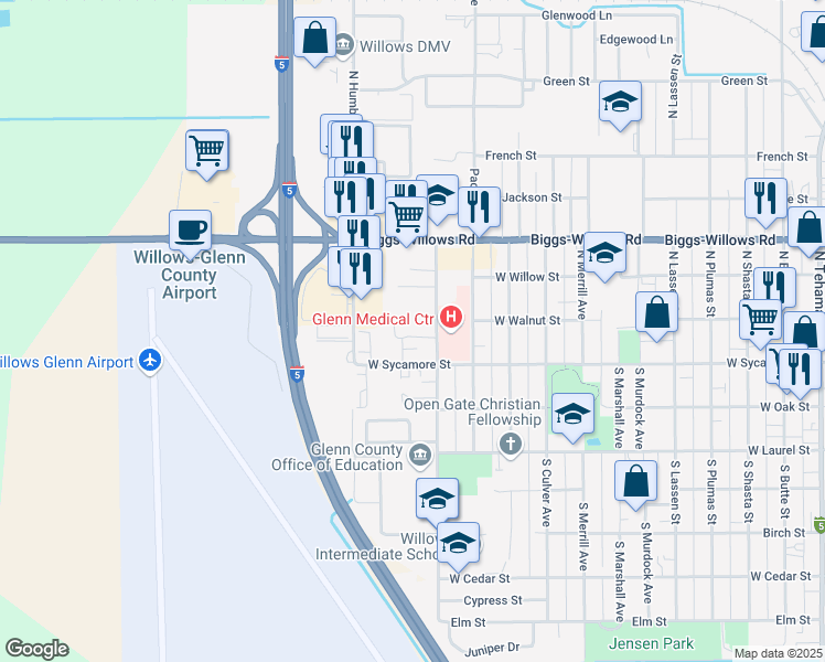 map of restaurants, bars, coffee shops, grocery stores, and more near 229 North Villa Avenue in Willows