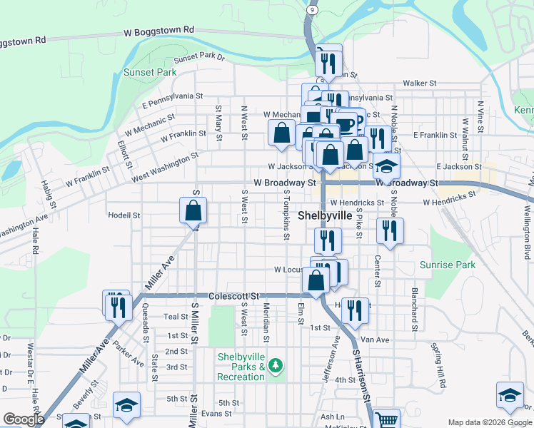 map of restaurants, bars, coffee shops, grocery stores, and more near 133 West Hendricks Street in Shelbyville