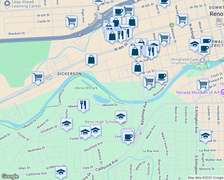 map of restaurants, bars, coffee shops, grocery stores, and more near 1300 Jones Street in Reno