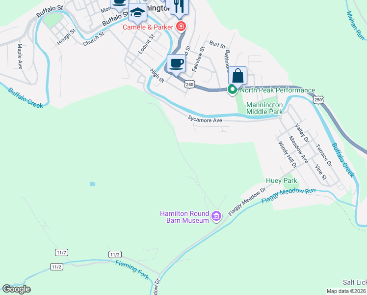 map of restaurants, bars, coffee shops, grocery stores, and more near 186 Roundbarn Road in Mannington