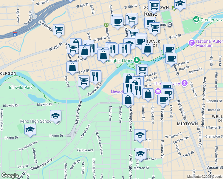 map of restaurants, bars, coffee shops, grocery stores, and more near 17 Elm Court in Reno
