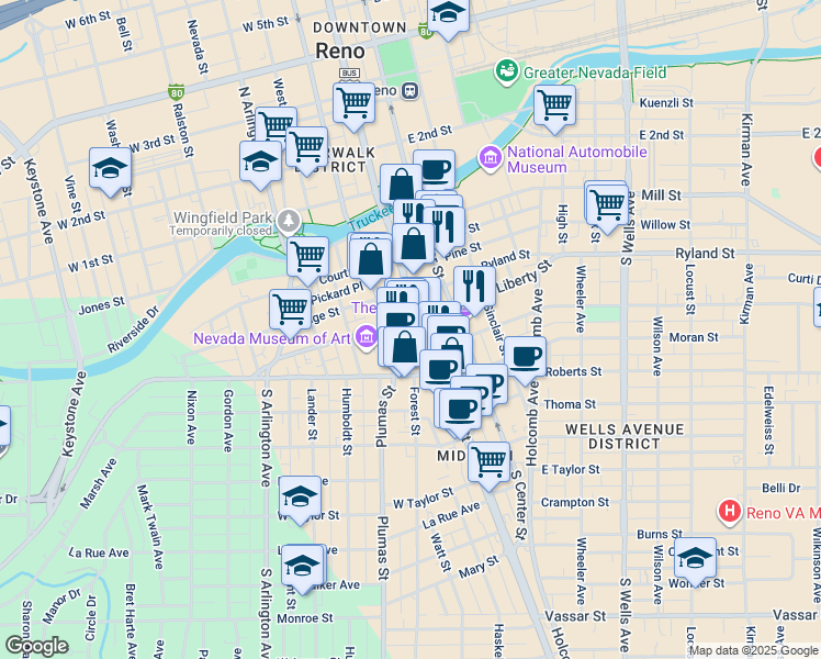 map of restaurants, bars, coffee shops, grocery stores, and more near 1 East Liberty Street in Reno