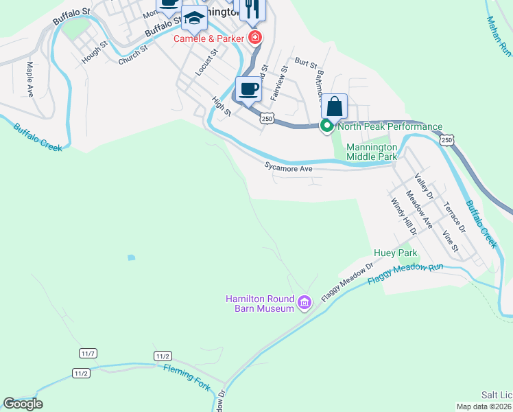 map of restaurants, bars, coffee shops, grocery stores, and more near 186 Roundbarn Road in Mannington