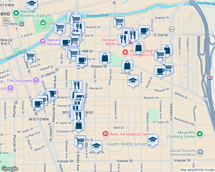 map of restaurants, bars, coffee shops, grocery stores, and more near 475 Kirman Avenue in Reno
