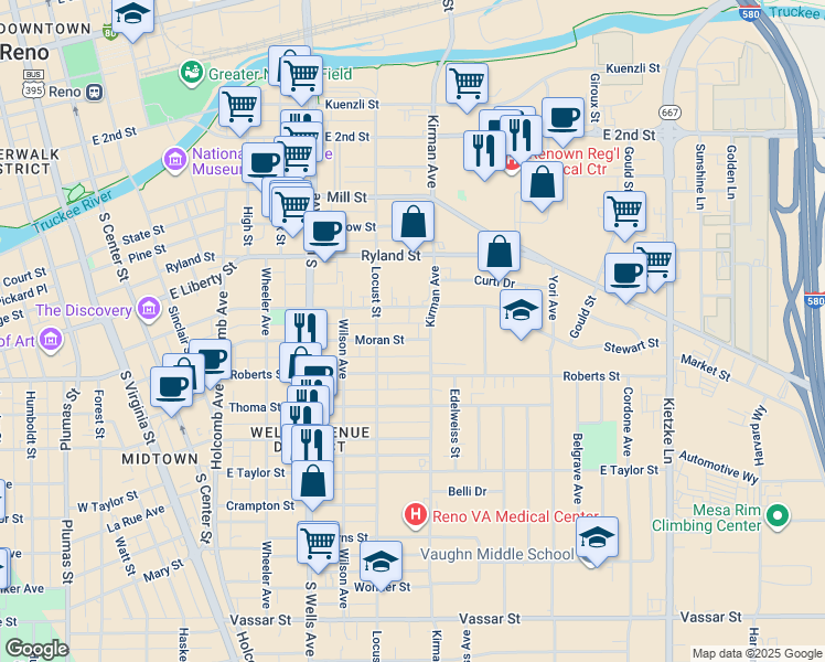 map of restaurants, bars, coffee shops, grocery stores, and more near 802 Stewart Street in Reno