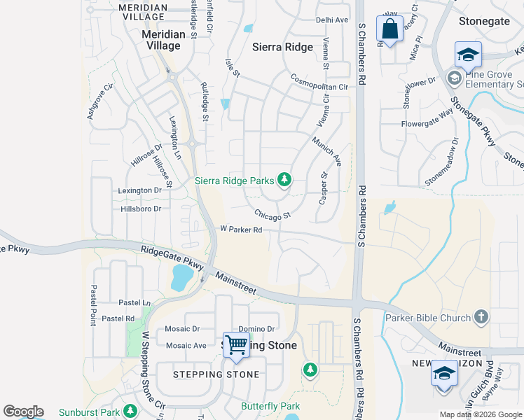 map of restaurants, bars, coffee shops, grocery stores, and more near 14868 Vienna Circle in Parker