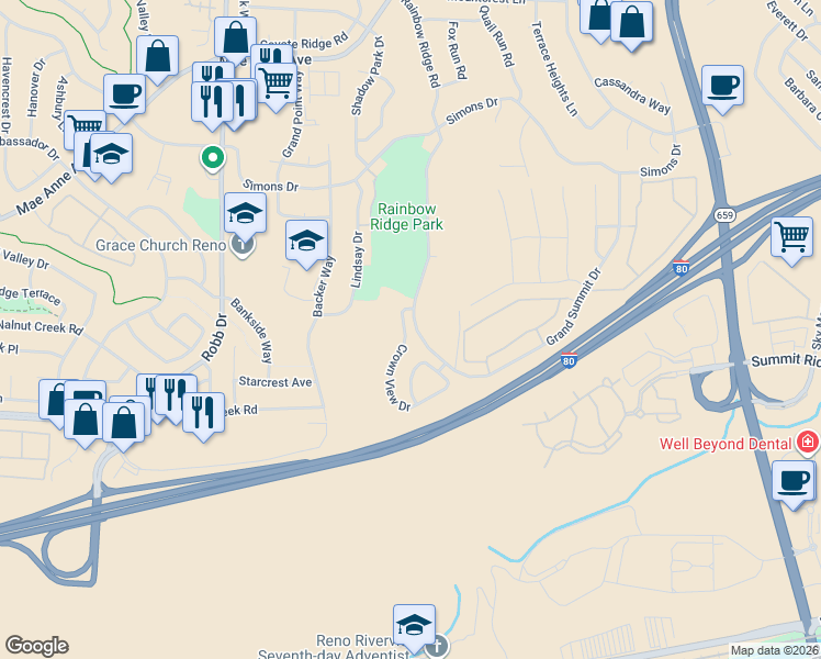 map of restaurants, bars, coffee shops, grocery stores, and more near 1088 Crown View Drive in Reno