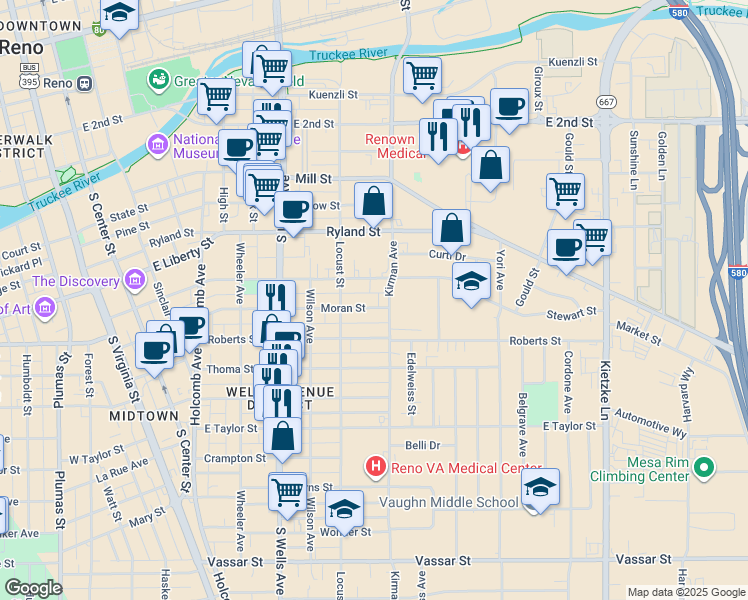 map of restaurants, bars, coffee shops, grocery stores, and more near 802 Stewart Street in Reno