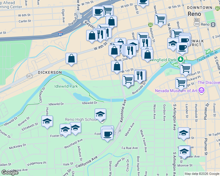 map of restaurants, bars, coffee shops, grocery stores, and more near 1126 Jones Street in Reno