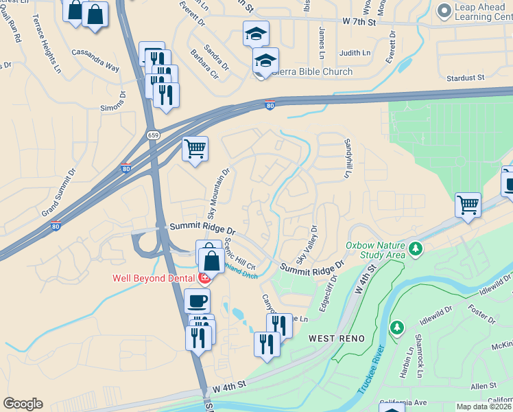 map of restaurants, bars, coffee shops, grocery stores, and more near 4775 Summit Ridge Drive in Reno