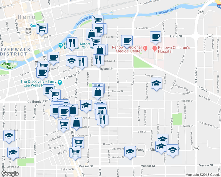 map of restaurants, bars, coffee shops, grocery stores, and more near 590 Stewart Street in Reno