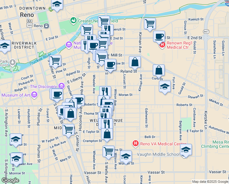 map of restaurants, bars, coffee shops, grocery stores, and more near 590 Stewart Street in Reno