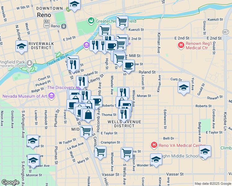 map of restaurants, bars, coffee shops, grocery stores, and more near 417 Wheeler Avenue in Reno